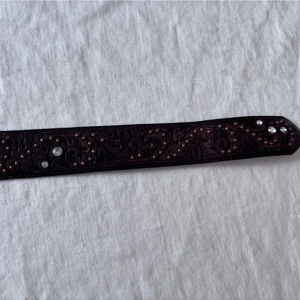 Justin Boots Brown Tooled Leather Belt Bronze Tone Rhinestone Heart Buckle 32 - Picture 5 of 11
